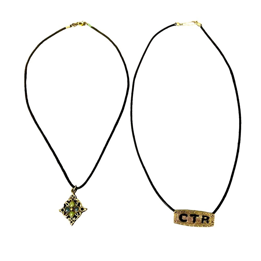Mormon CTR & Blue stone pendant pair necklaces w faux black leather chain